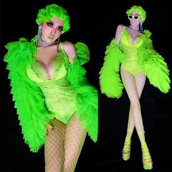 Fluorescencinė Žalia Nėrinių Bodysuit Drag Queen Kostiumais, Retro Sluoksniuotos Rankovėmis Seksualus Rave Apranga naktinis klubas Gogo Šokėjos Kostiumas DNV15155