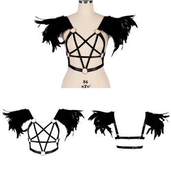 Pentagram Balnai Moterų Diržas Natūralių Plunksnų Priedai Viršūnes Halloween Carnival Egzotinių Kostiumas Goth Punk Suspender 0
